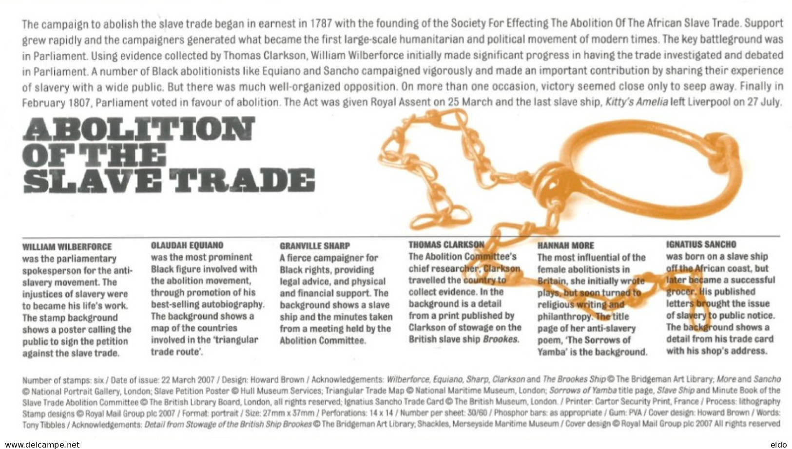 GREAT BRITAIN  - 2007, FDC OF ABOLITION OF THE SLAVE TRADE INCLUDING A PRESENTATION LEAFLET. - Lettres & Documents