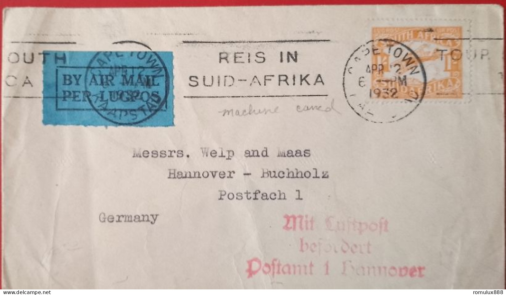 IMPERIAL AIRWAYS 1932 CAPETOWN TO HANNOVER FLIGHT COVER - Aéreo