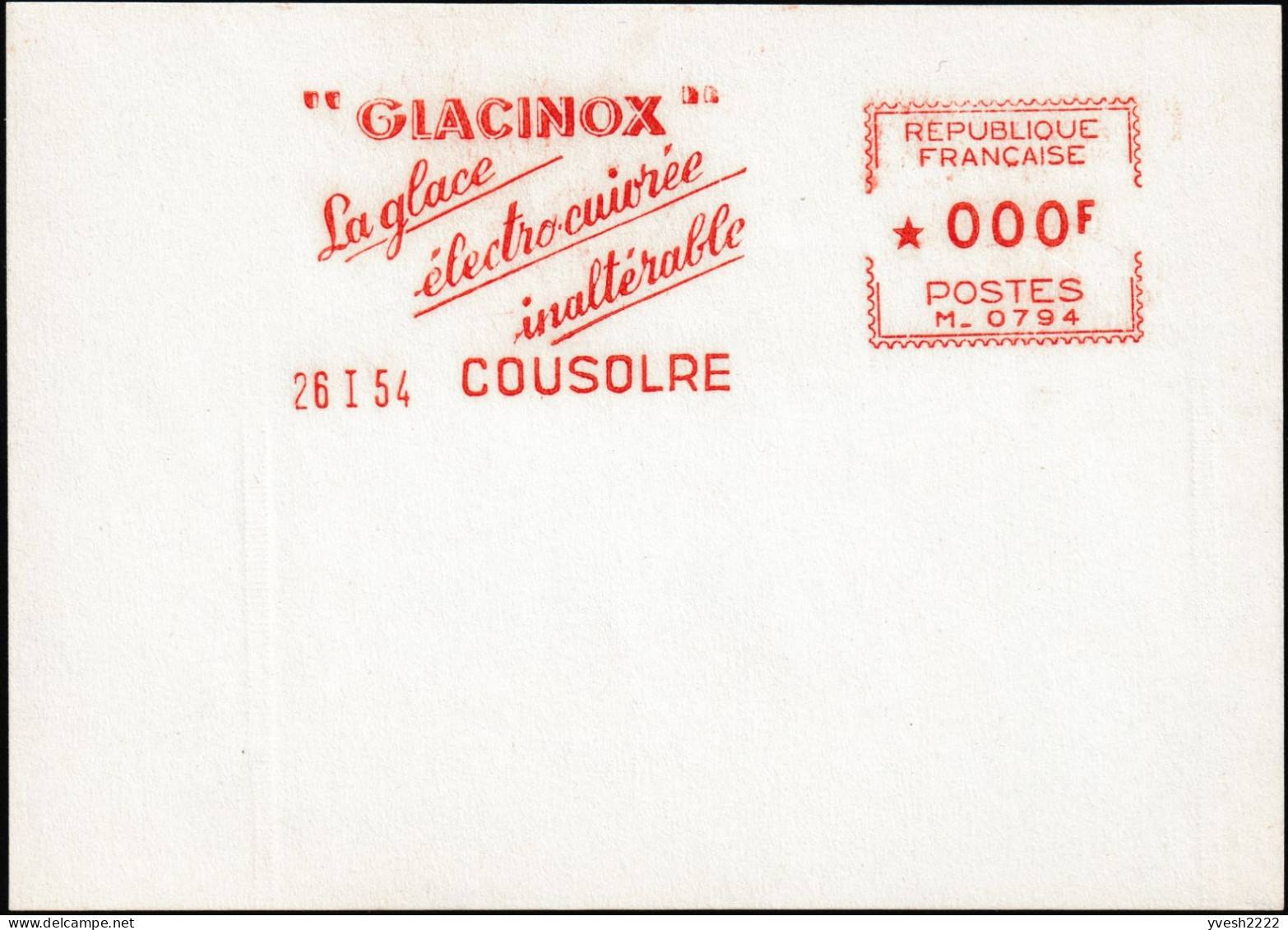 France 1954. Épreuve D'empreinte De Machine à Affranchir Glacinor, La Glace électrocuivrée Inaltérable - Verres & Vitraux