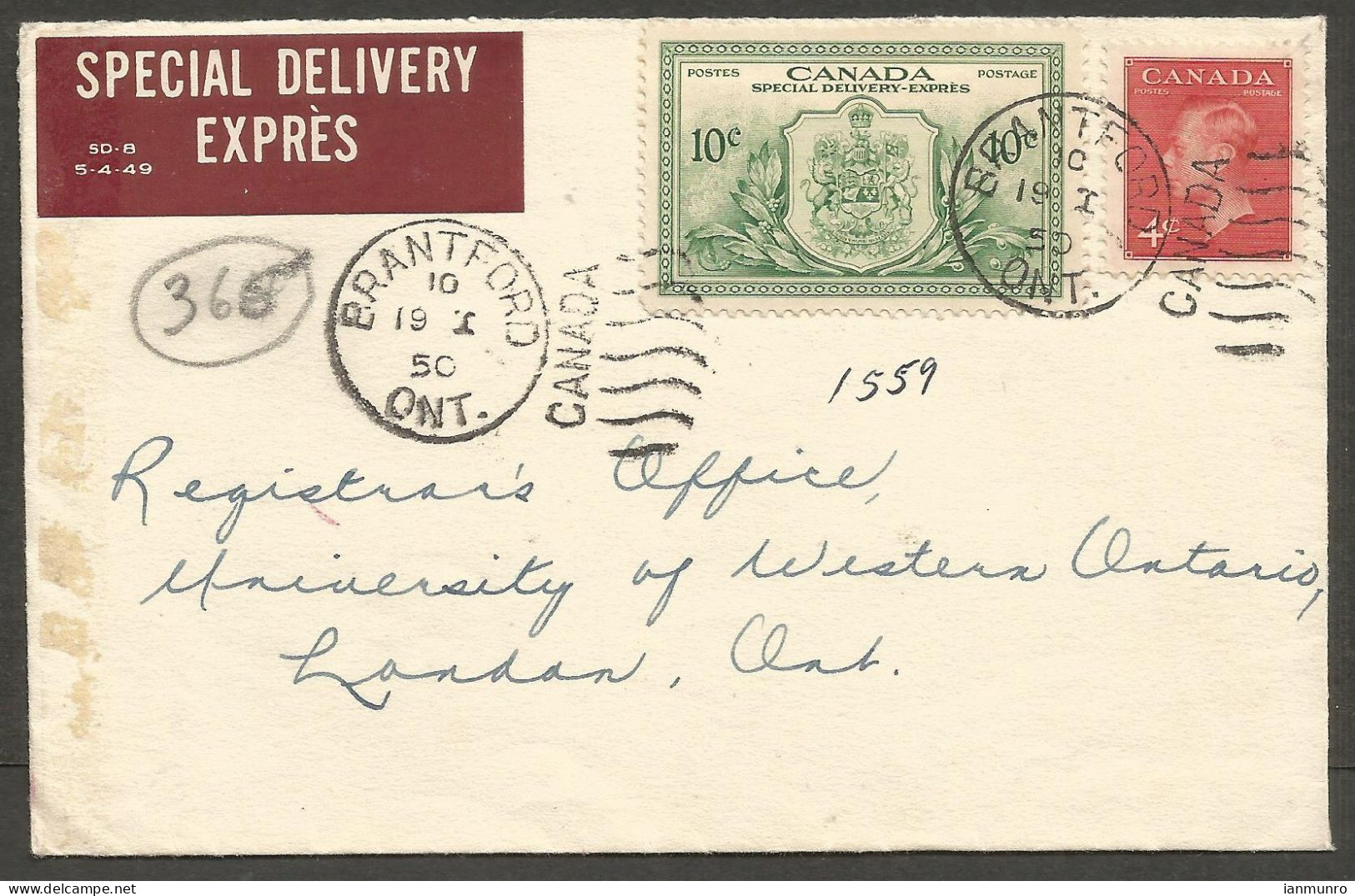 1950 Special Delivery Cover 14c E11/GVI Postes Duplex Brantford Ontario To London - Historia Postale