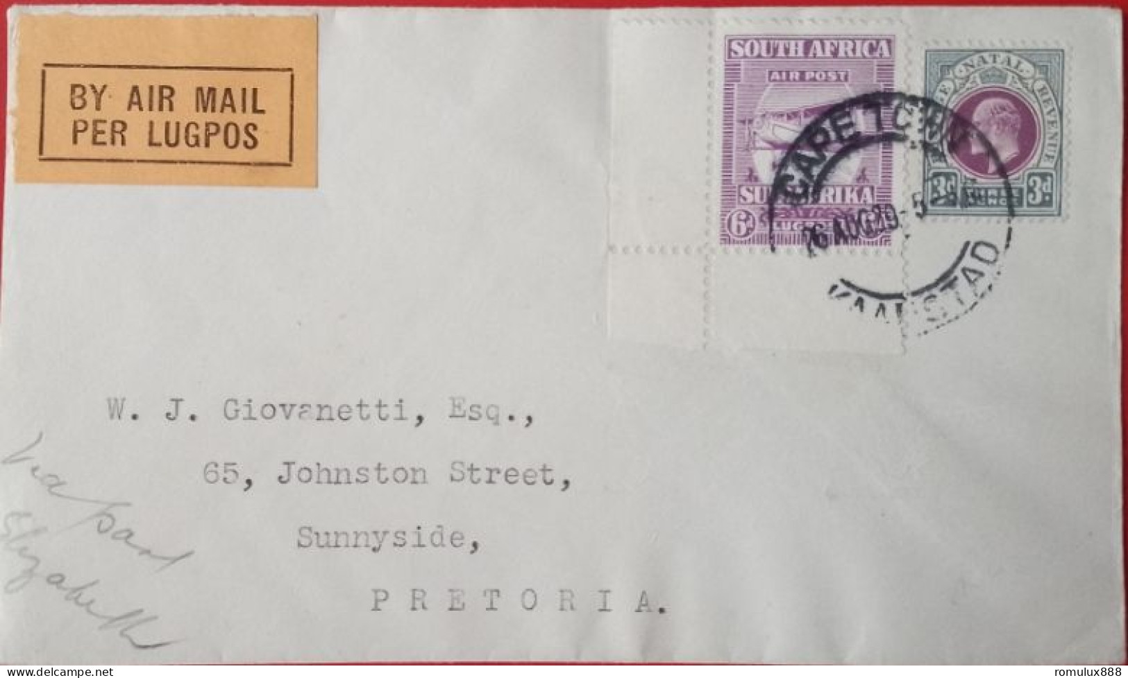 UNION FLIGHT CAPETOWN TO PRETORIA 1929 MIXED FRANKING - Airmail