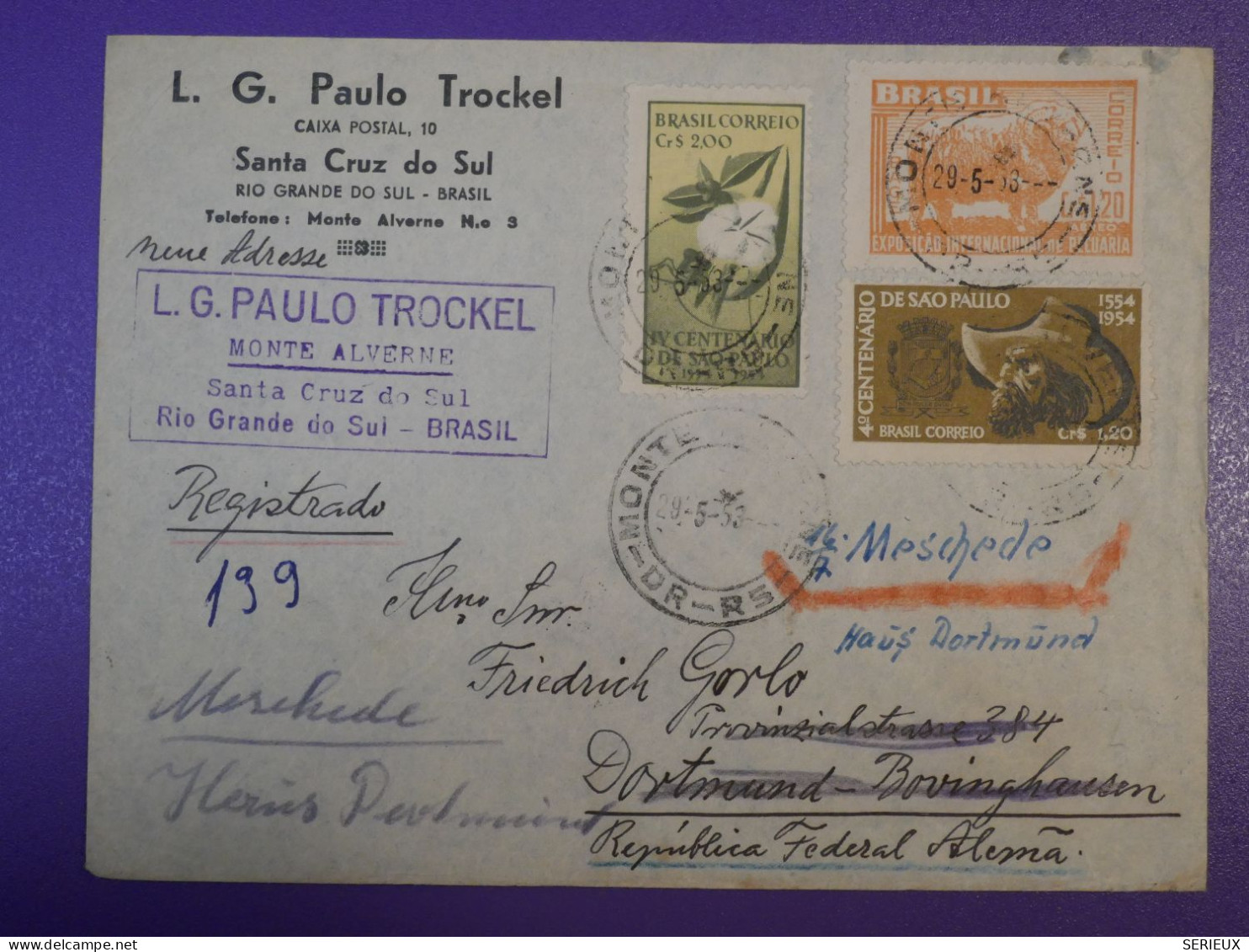 F0   BRAZIL  BELLE LETTRE RECO  1953 RIO  A  DORTMUND GERMANY REDISTRIB.  +  +AFF. INTERESSANT+++ - Cartas & Documentos