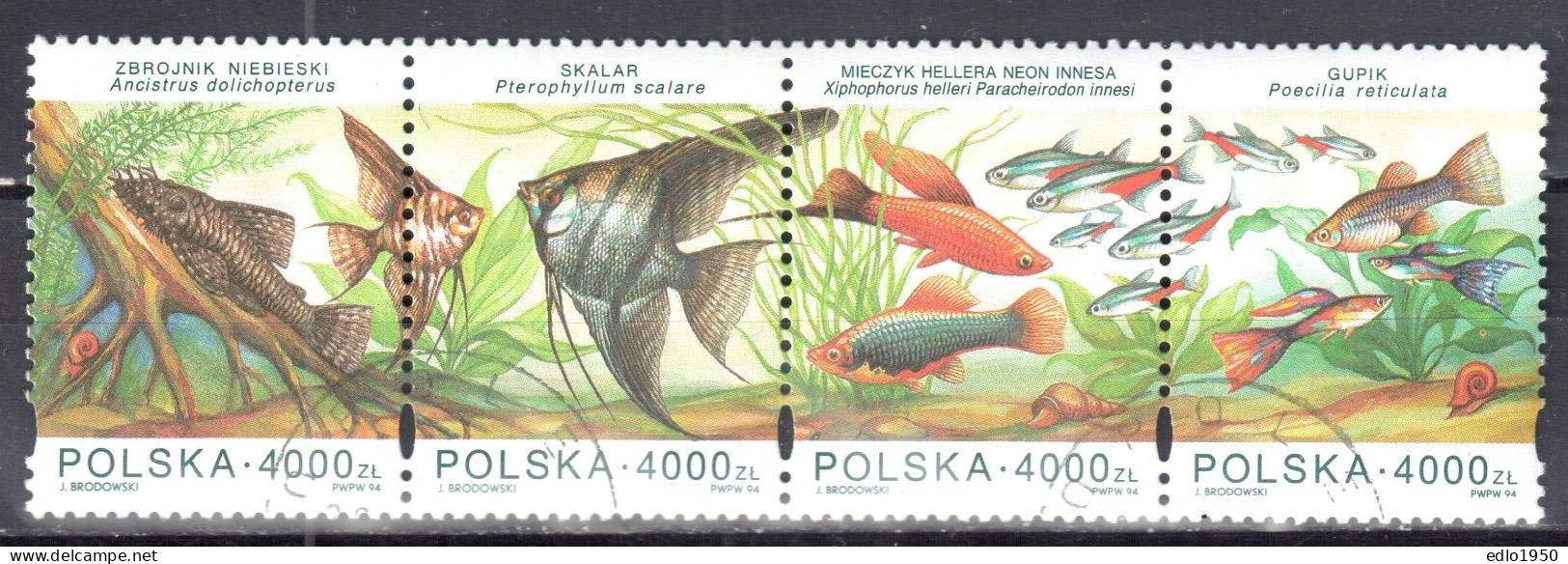 Poland 1994 Aquarium Fish - Mi 3505-3508 - Strip Of 4 - Used - Gebraucht