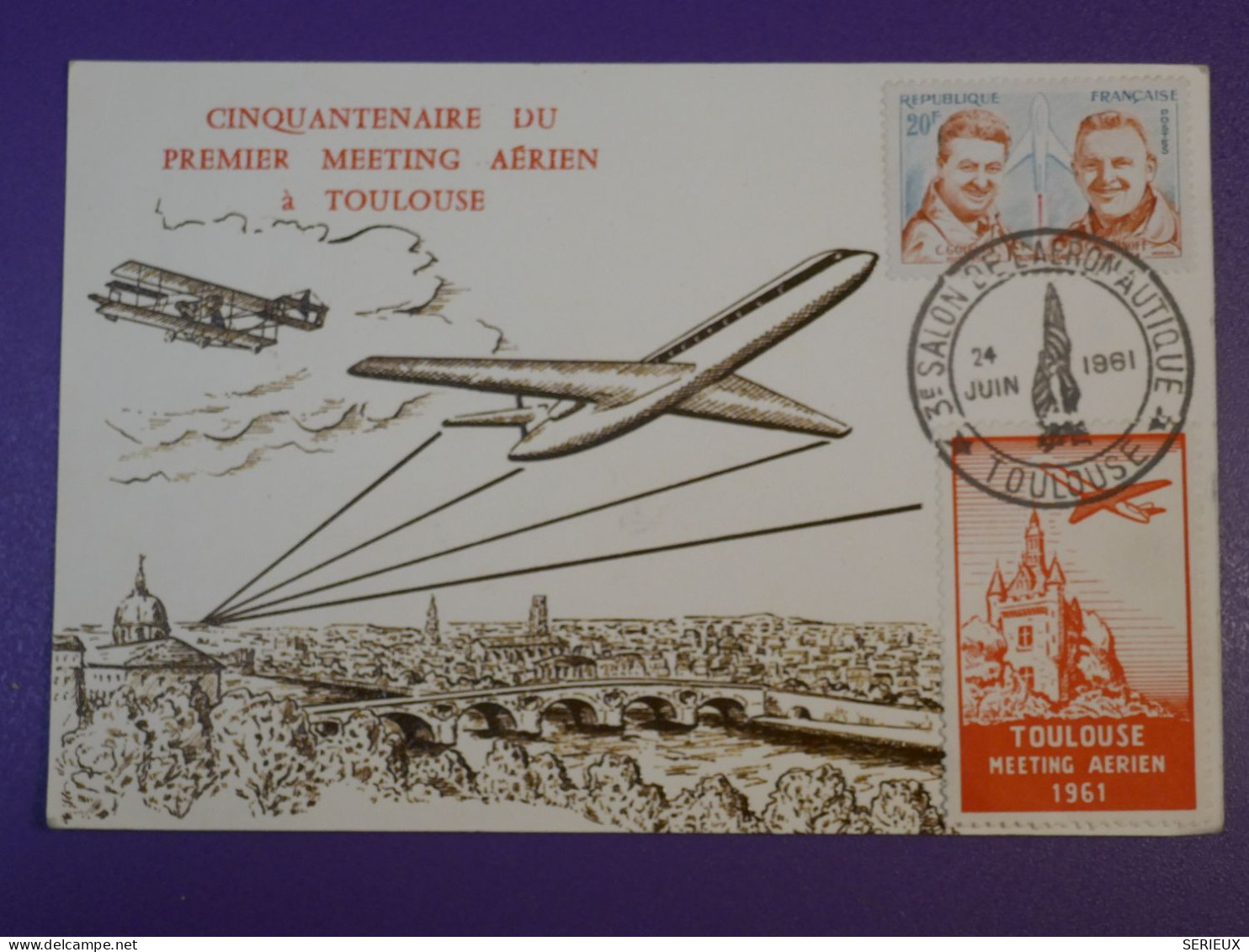 F0   FRANCE  BELLE CARTE 1946 1ER MEETING  AVIATION  TOULOUSE A AMIENS YVERT +AEROPHILATELIE +AFF. INTERESSANT+++ - 1927-1959 Covers & Documents