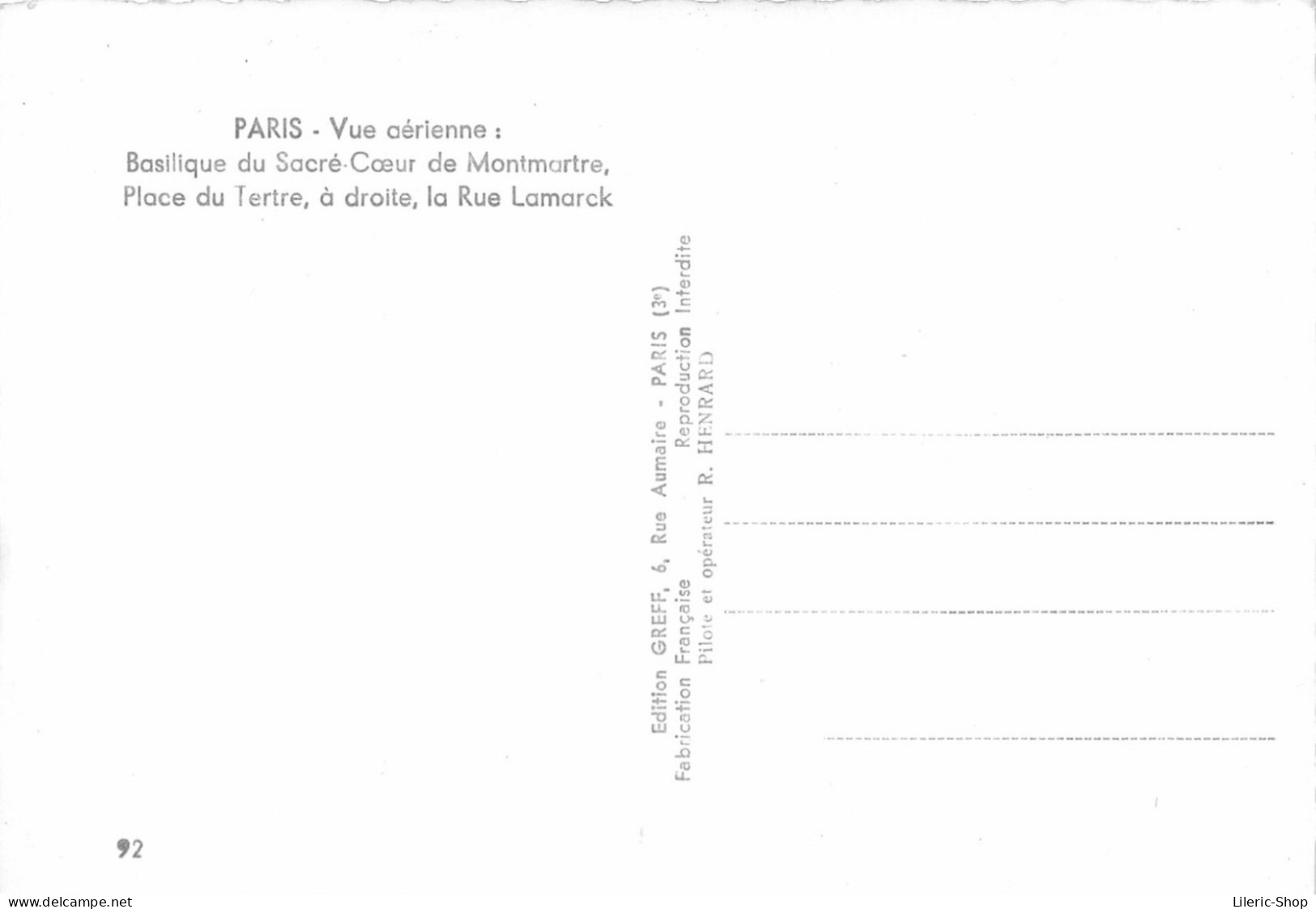 Paris 75 Vue Aérienne - Basilique Du Sacré-Cœur, Montmartre, Place Du Tertre, La Rue Lamar - Édition Greff N°92 CPSM GF - Other Monuments
