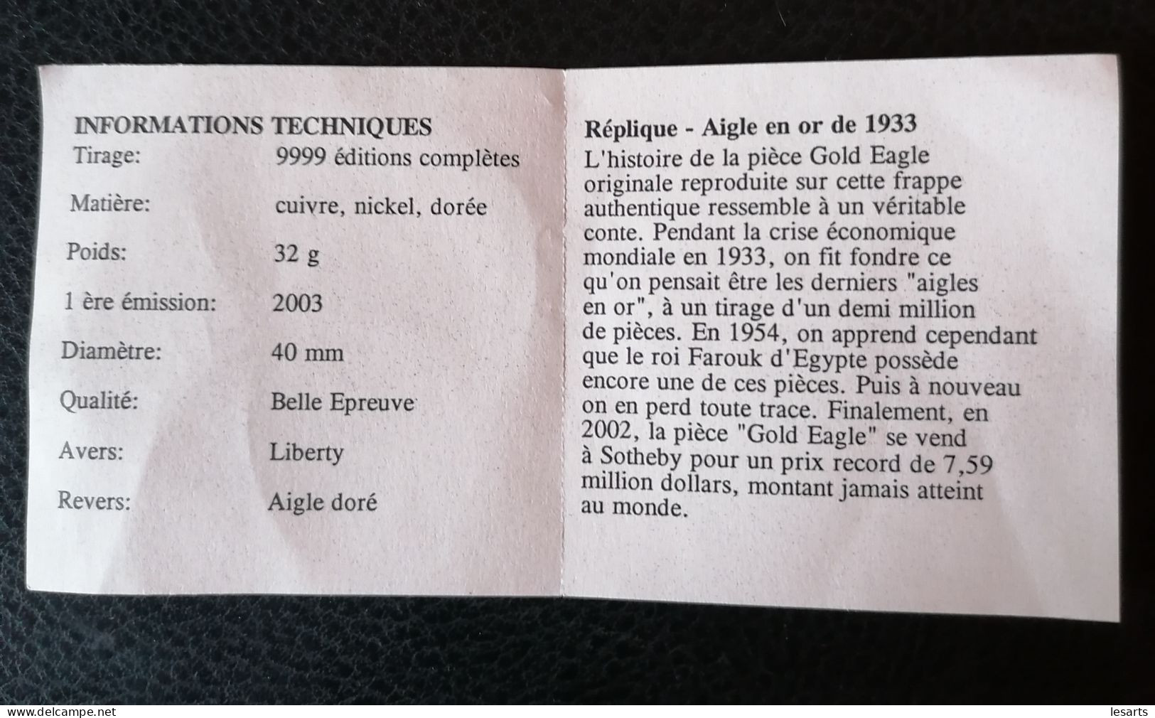 Médaille. Répliques De Pièces USA. Aigle En Or De 1933. - Altri & Non Classificati