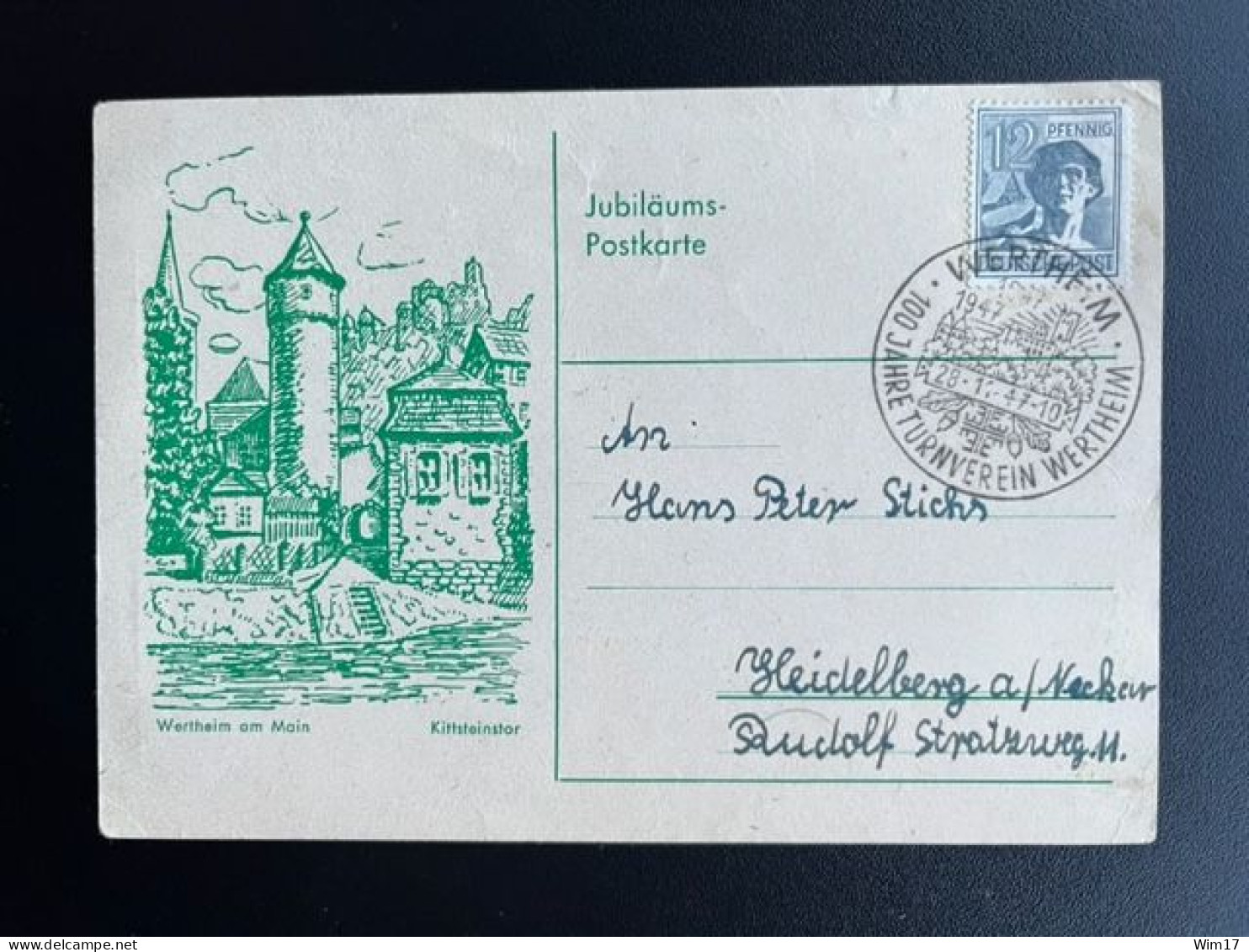 GERMANY 1947 POSTCARD WERTHEIM TO HEIDELBERG 28-11-1947 DUITSLAND DEUTSCHLAND 100 JAHRE TURNVEREIN - Postal  Stationery