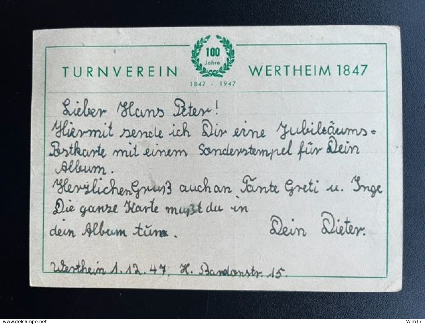 GERMANY 1947 POSTCARD WERTHEIM TO HEIDELBERG 28-11-1947 DUITSLAND DEUTSCHLAND 100 JAHRE TURNVEREIN - Entiers Postaux