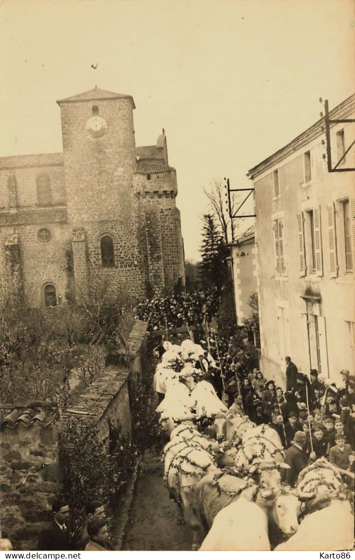 La Chaize Le Vicomte * Carte Photo * Jour De Procession Au Village , Boeufgs Fleuris , Char * Villageois église - La Chaize Le Vicomte