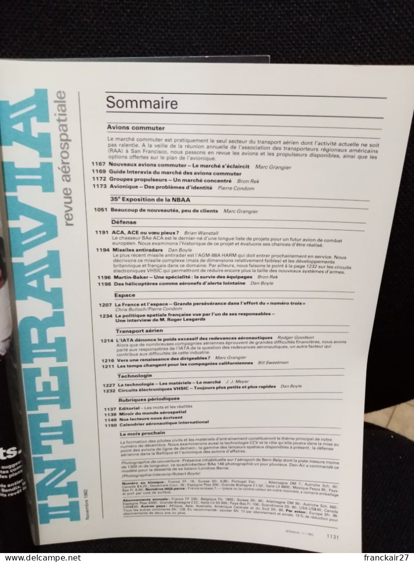 INTERAVIA 11/1982 Revue Internationale Aéronautique Astronautique Electronique - Luftfahrt & Flugwesen