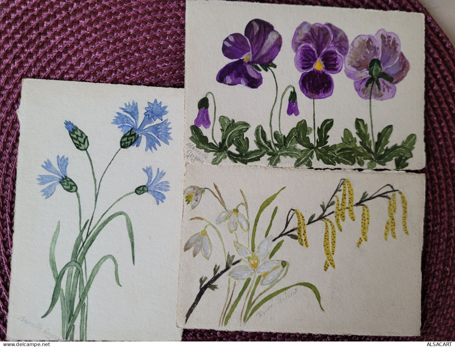 3 Cartes Fleur Aquarelle , Fait Main , Artisanat , Marcelle Guyou - Flowers