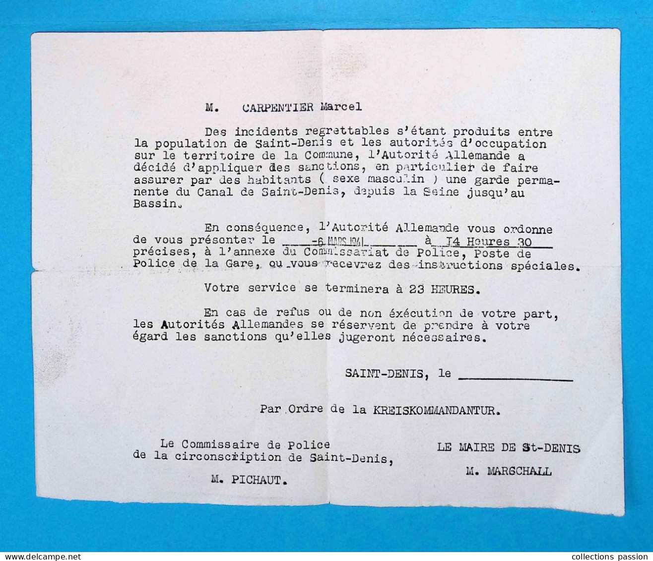 Militaria, 1941, Travail Obligatoire Suite Incidents Entre La Population De Saint Denis Et Les .... , Frais Fr 2.15 E - Documents