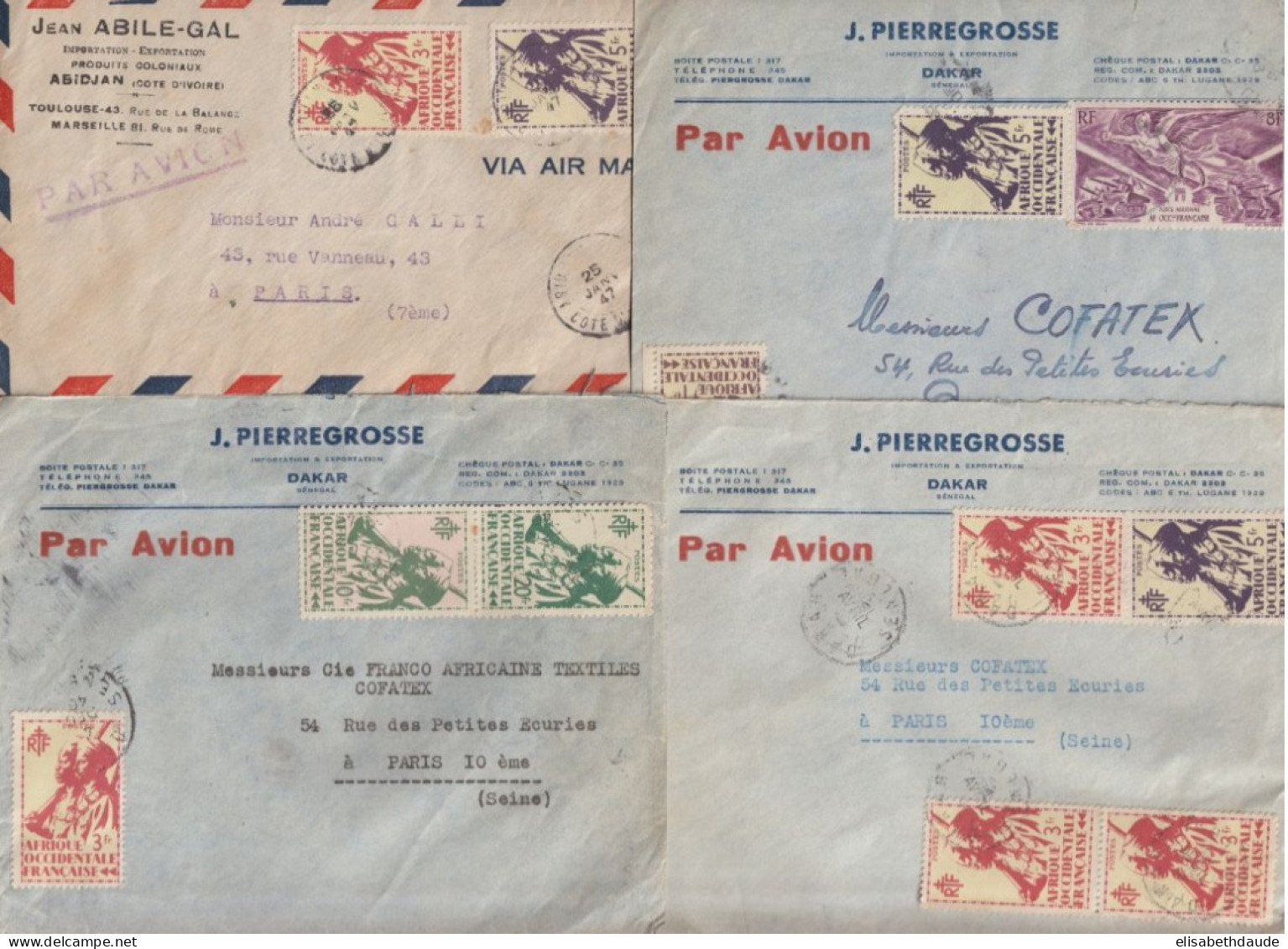 AOF / COTE D'IVOIRE + SENEGAL - 1946/47 - "FRANCE LIBRE" SERIE LONDRES 4 ENVELOPPES Par AVION (DAKAR / ABIDJAN) => PARIS - Lettres & Documents