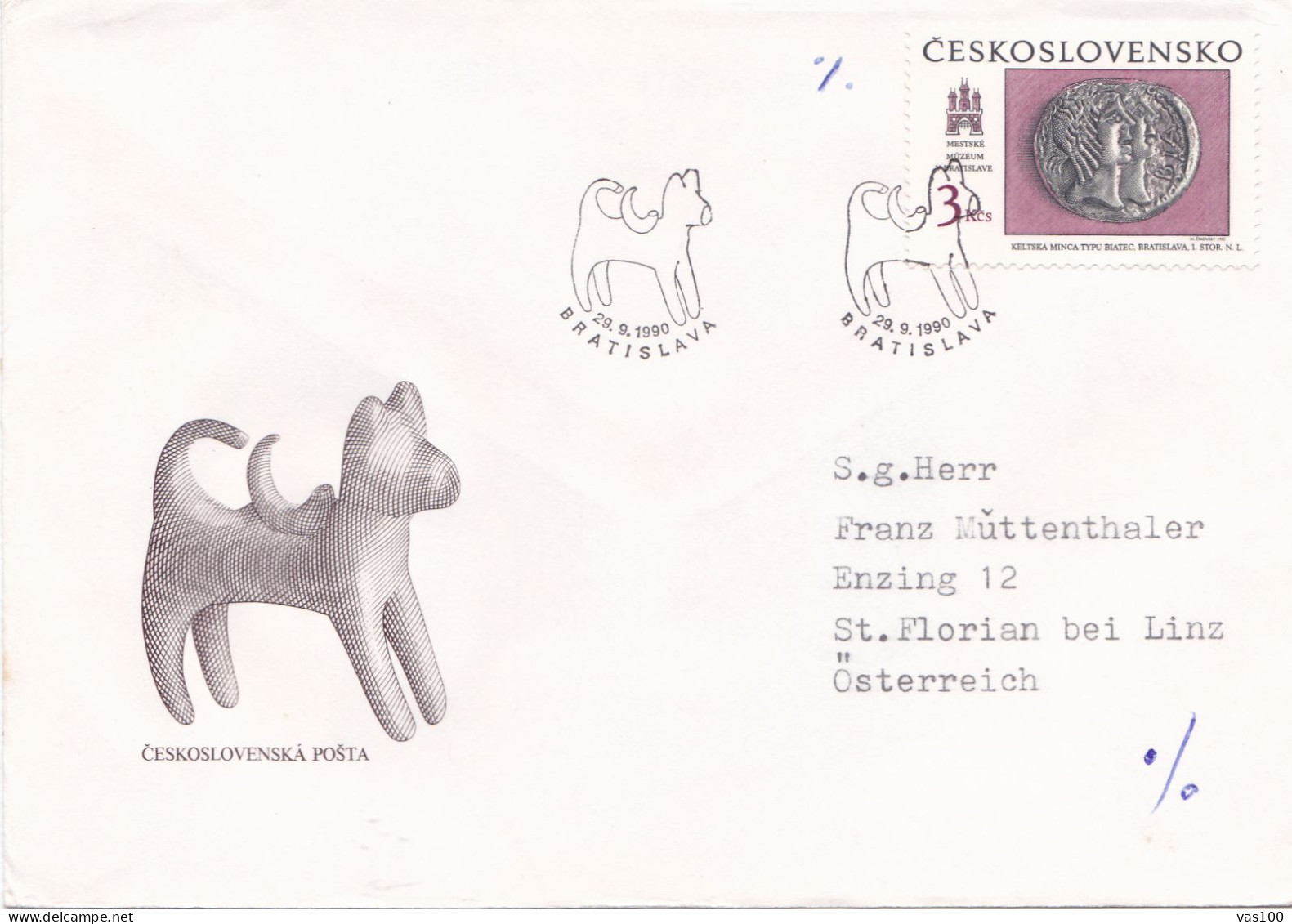 DOGS COVERS  FDC CIRCULATED 1990 Tchécoslovaquie - Lettres & Documents