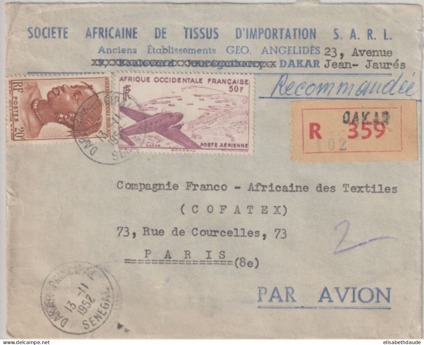 AOF / SENEGAL - 1952 - ENVELOPPE RECOMMANDEE Par AVION De DAKAR => PARIS - Covers & Documents