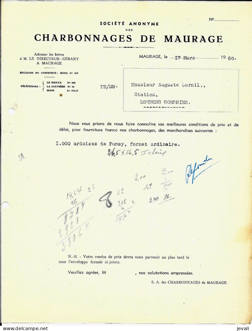 MAURAGE -   SA Des Charbonnages De Maurage 1950 - Andere & Zonder Classificatie