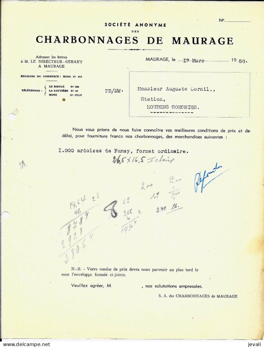 MAURAGE -   SA Des Charbonnages De Maurage 1950 - Otros & Sin Clasificación