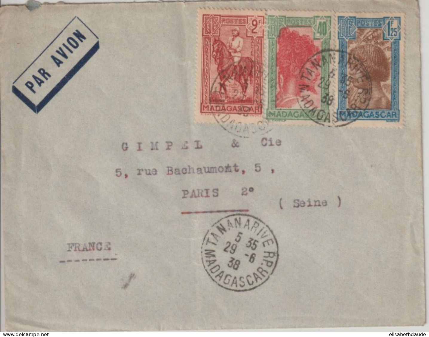 MADAGASCAR - 1938 - TRICOLORE ! / ENVELOPPE Par AVION De TANANARIVE => PARIS - Lettres & Documents