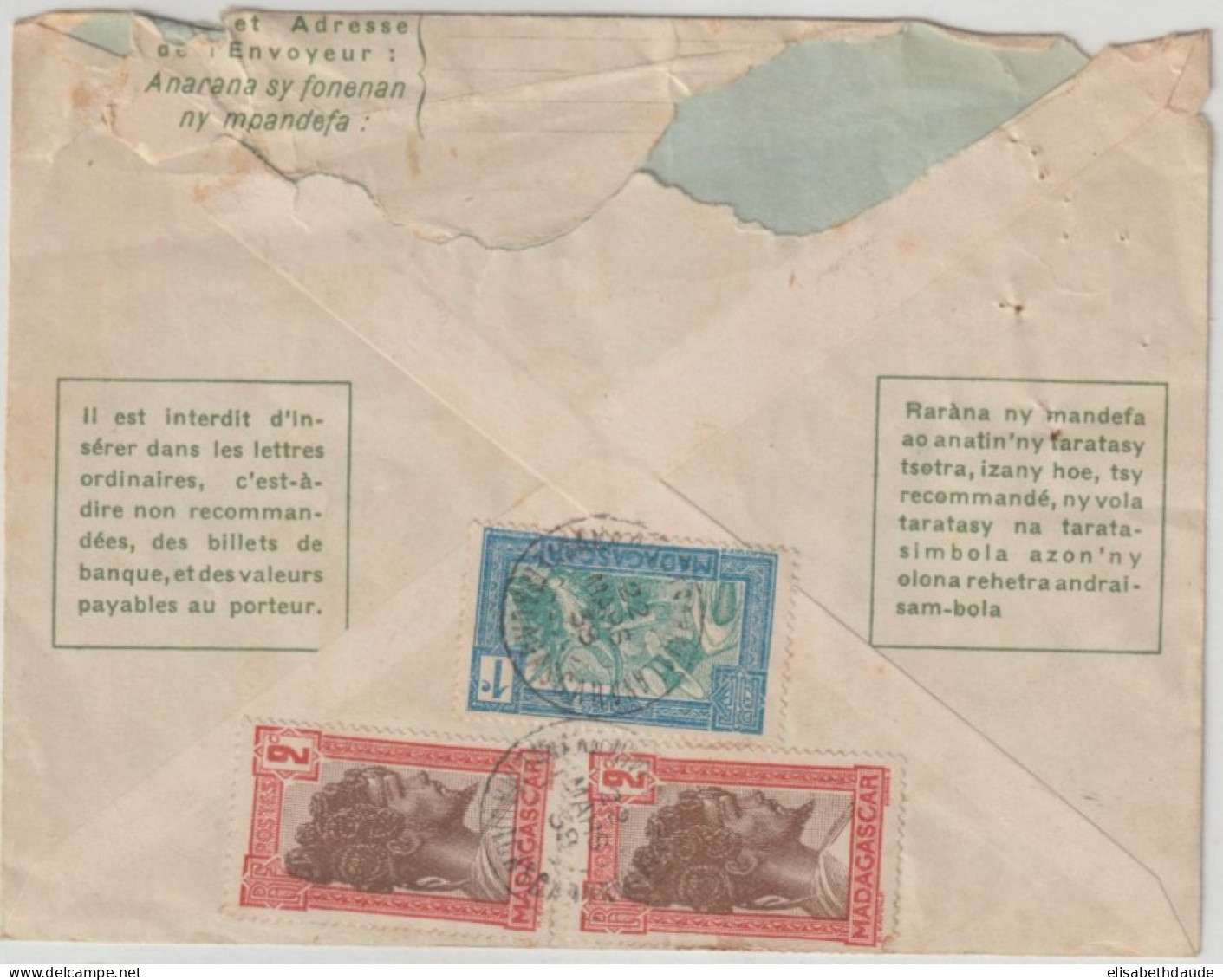 MADAGASCAR - 1938 - AFFRANCHISSEMENT ! / ENVELOPPE ENTIER De TANANARIVE => GOUVERNEMENT GENERAL - Storia Postale