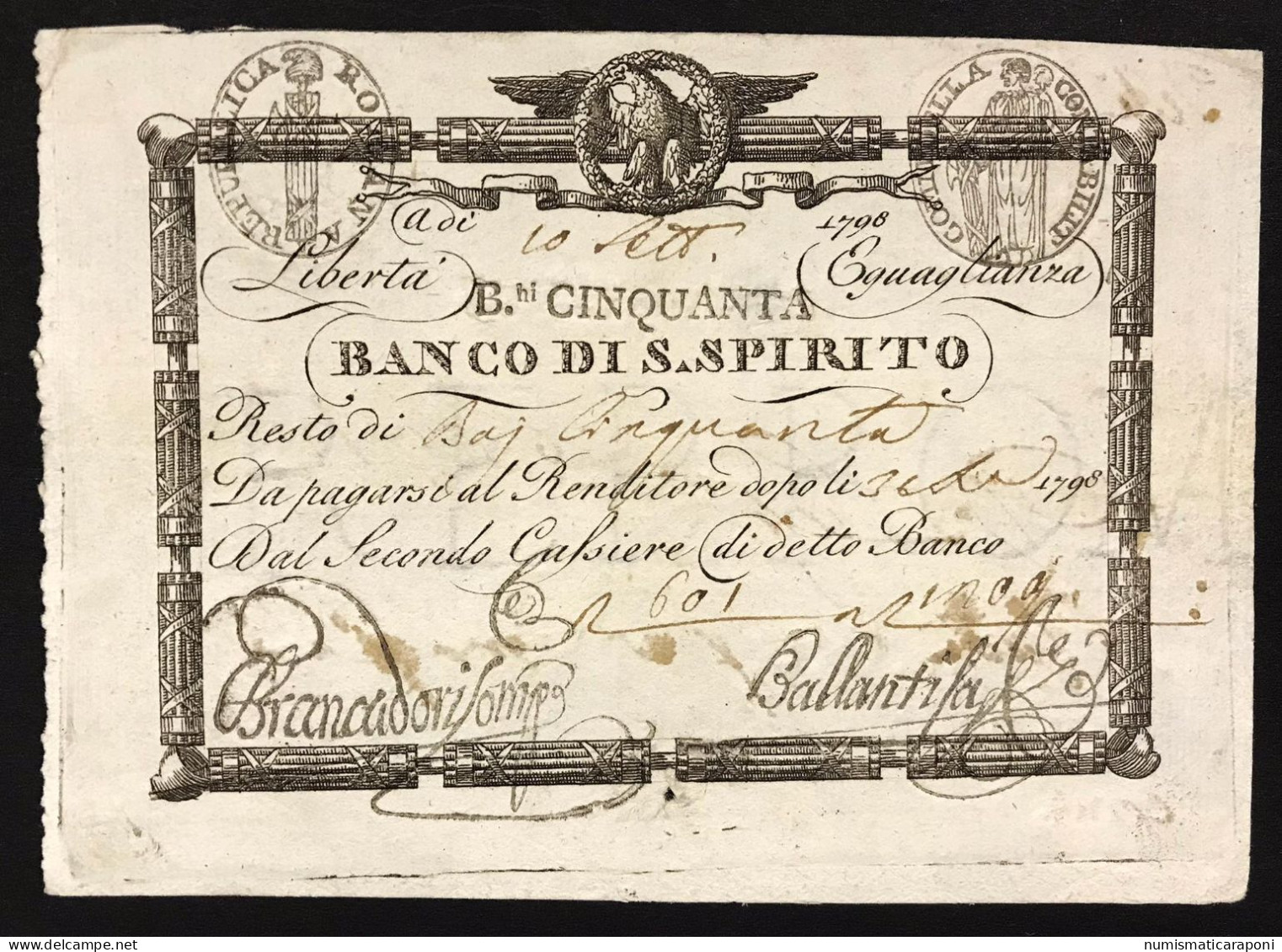 Repubblica Romana 50 Baiocchi 1798 Banco Di Santo Spirito N.c. LOTTO 4563 - Otros & Sin Clasificación