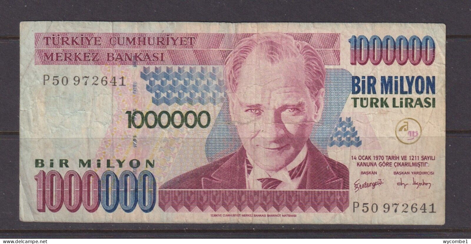 TURKEY - 1970 1000000 Lirasi Circulated Banknote As Scans - Turquie