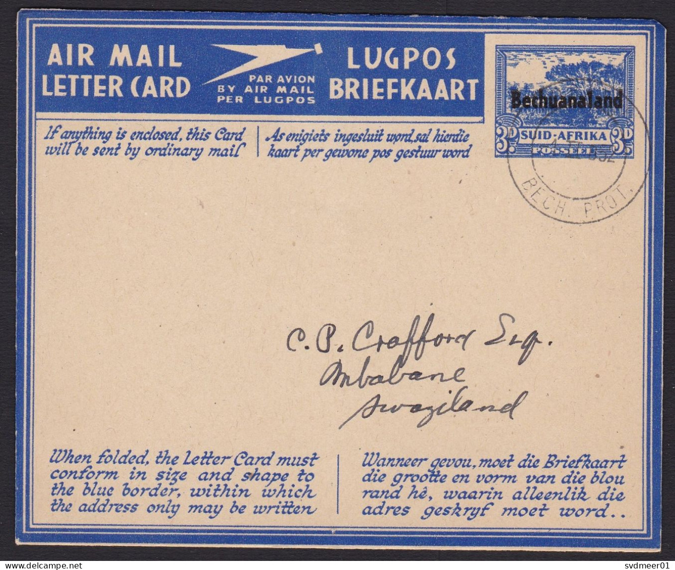 Bechuanaland: Stationery Aerogramme To Swaziland, 1952, Overprint Country Name Over South Africa (traces Of Use) - 1885-1964 Bechuanaland Protectorate