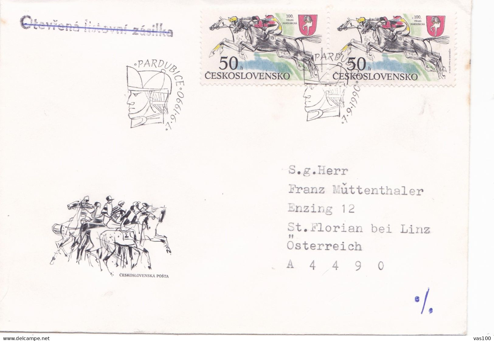 2X COVERS FDC HORSSE CIRCULATED 1990 Tchécoslovaquie - Cartas & Documentos