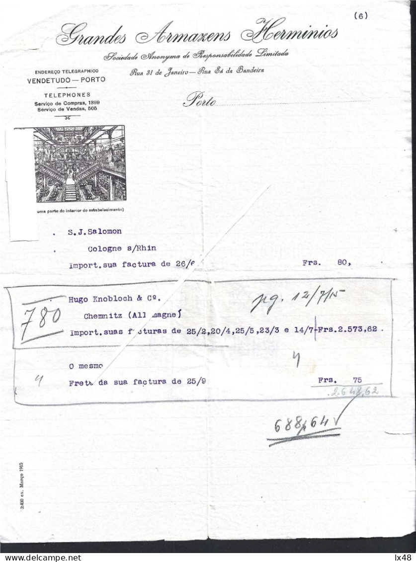 Invoice From Grandes Armazéns Hermínios, Porto, 1915. H. Burnay. Fatura Dos Grandes Armazéns Hermínios, Porto, 1915. H. - Portugal