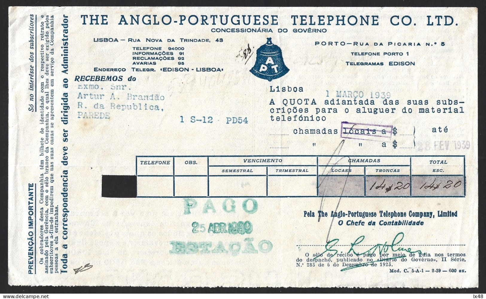 Rare Telephone Receipt From 1939 Anglo-Portuguese Telephone Cº- APT. Telefonquittung Von 1939 Von Anglo-Portuguese Telep - Portugal