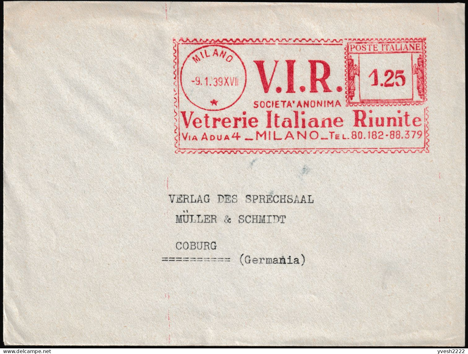 Italie 1939. Empreinte De Machine à Affranchir Vitreries Italiennes Réunies. Superbe - Vetri & Vetrate