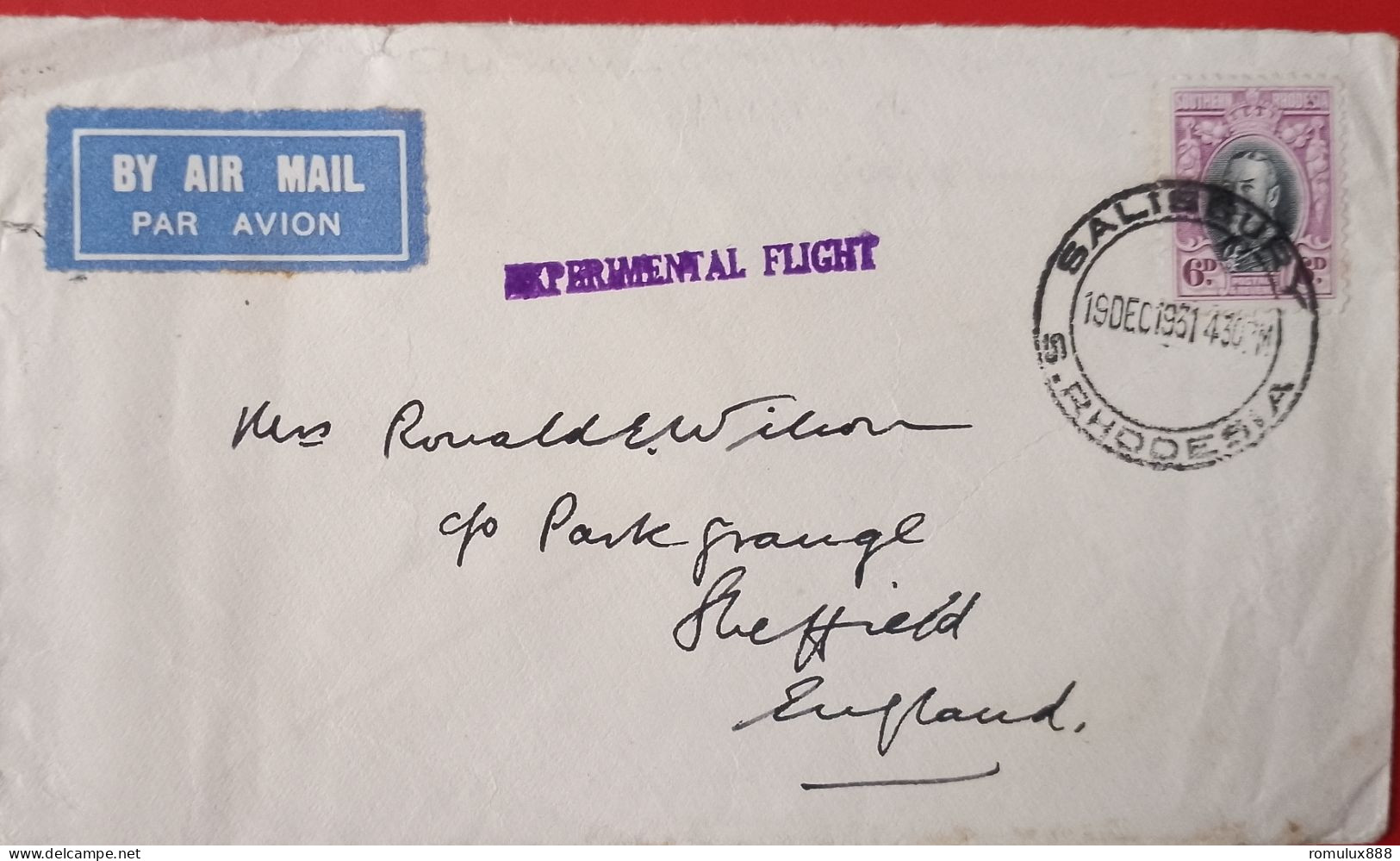 SOUTHERN RHODESIA EXPERIMENTAL FLIGHT 1931 TO ENGLAND BACK STAMPED JHB 21/12/31 - Southern Rhodesia (...-1964)