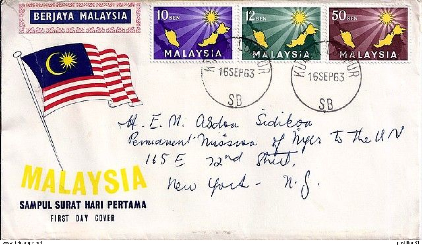 MALAISIE N° 1/2/3 S/L.DE KUALA LUMPUR/16.9.63  POUR LES USA - Malaysia (1964-...)