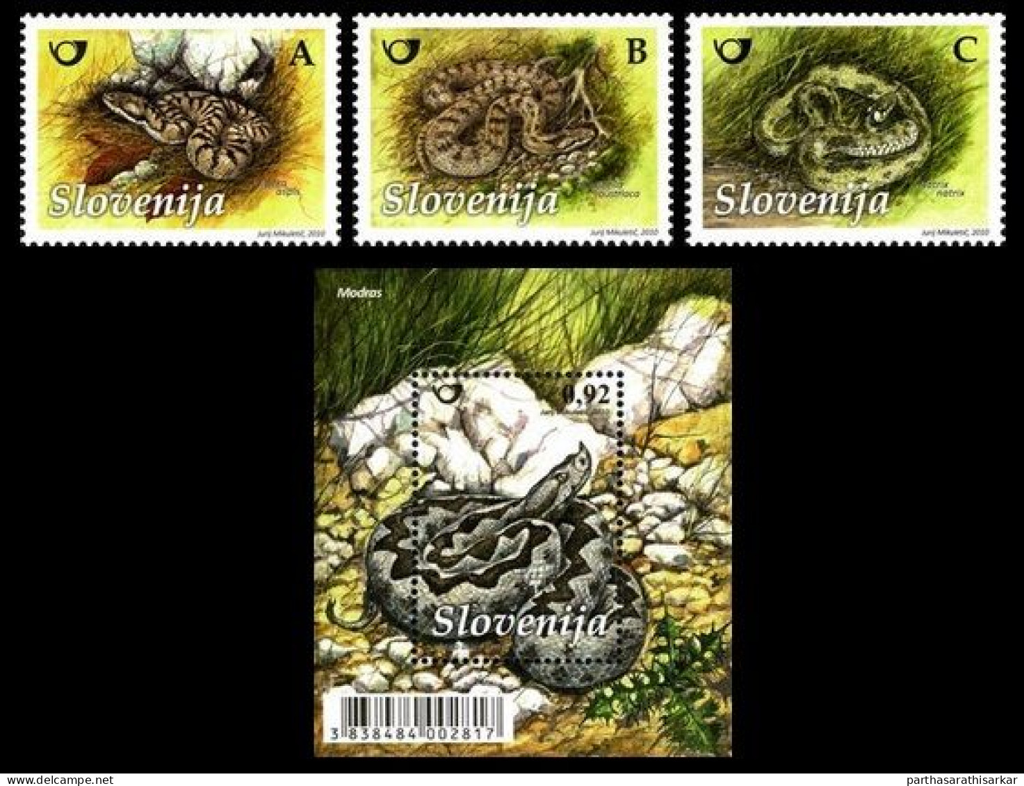 SLOVENIA 2010 FAUNA REPTILES SNAKES COMPLETE SET WITH MINIATURE SHEET MS MNH - Serpenti