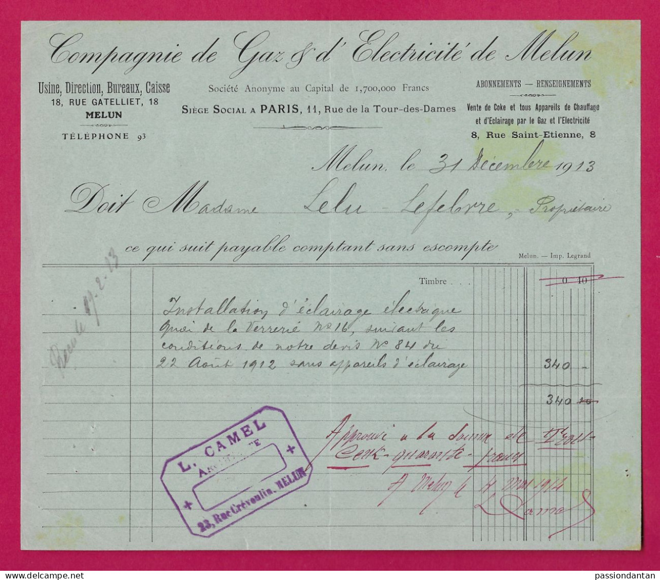 Document Financier Daté Du 31 Décembre 1913 - Compagnie De Gaz Et D'Électricité De Melun Sise Rue Gatelliet - Electricity & Gas