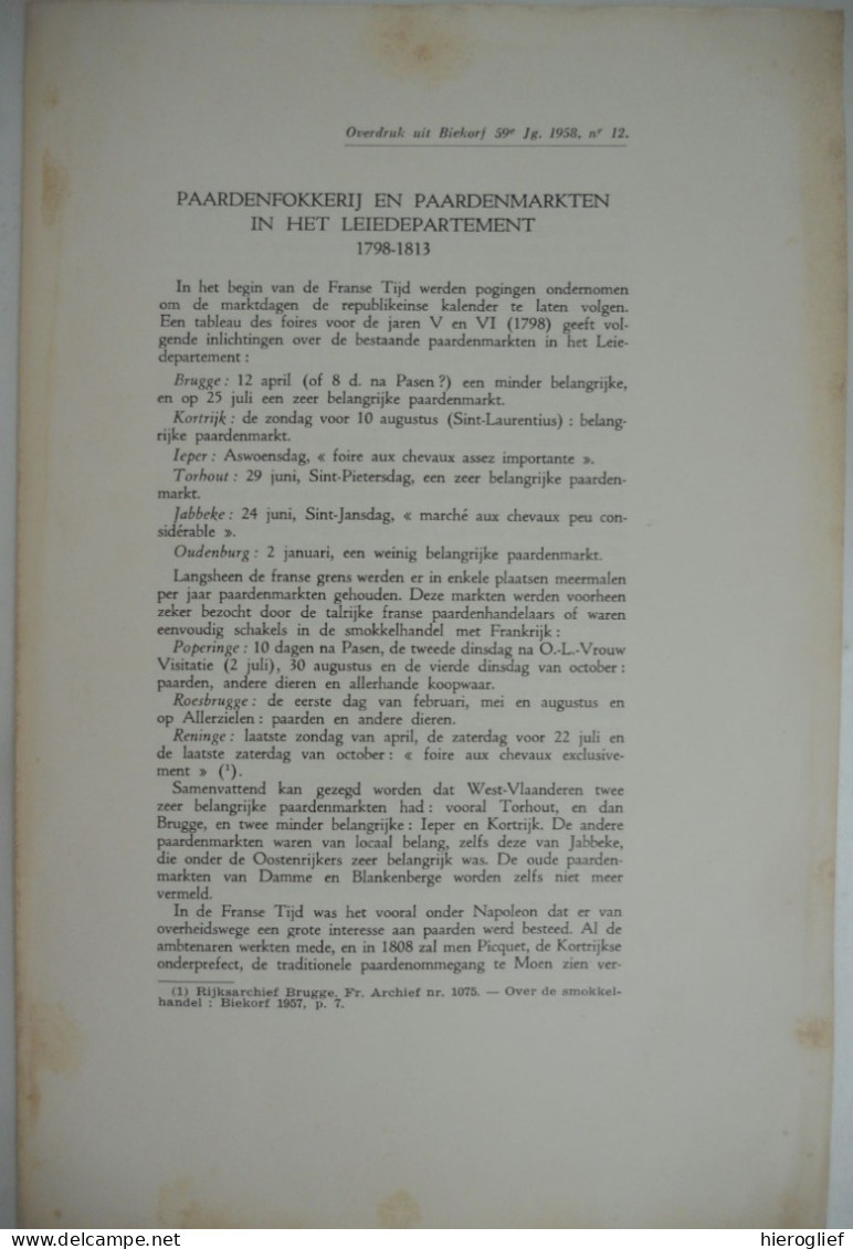 PAARDEN FOKKERIJ En PAARDENMARKTEN In Het LEIE DEPARTEMENT 1798 1813 L. Van Acker Brugge Kortrijk Ieper Torhout ... - Storia