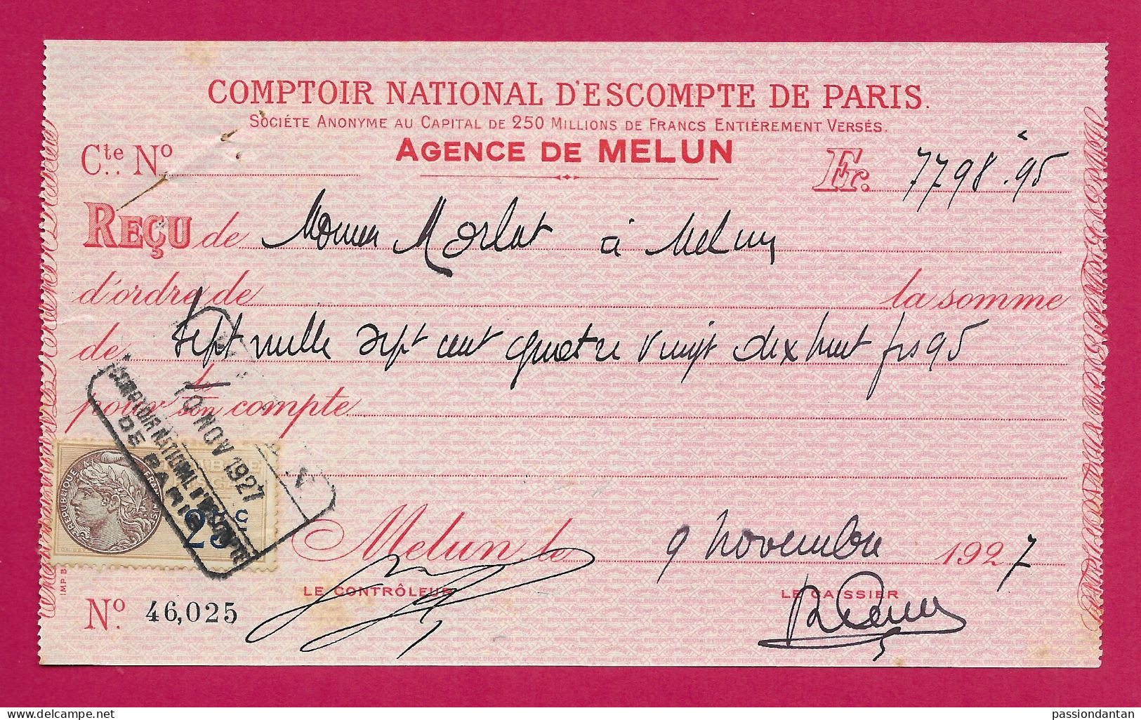 Reçu Du Comptoir D'Escompte De Paris - Agence De Melun En Seine Et Marne Daté Du 9 Novembre 1927 - Bank & Insurance