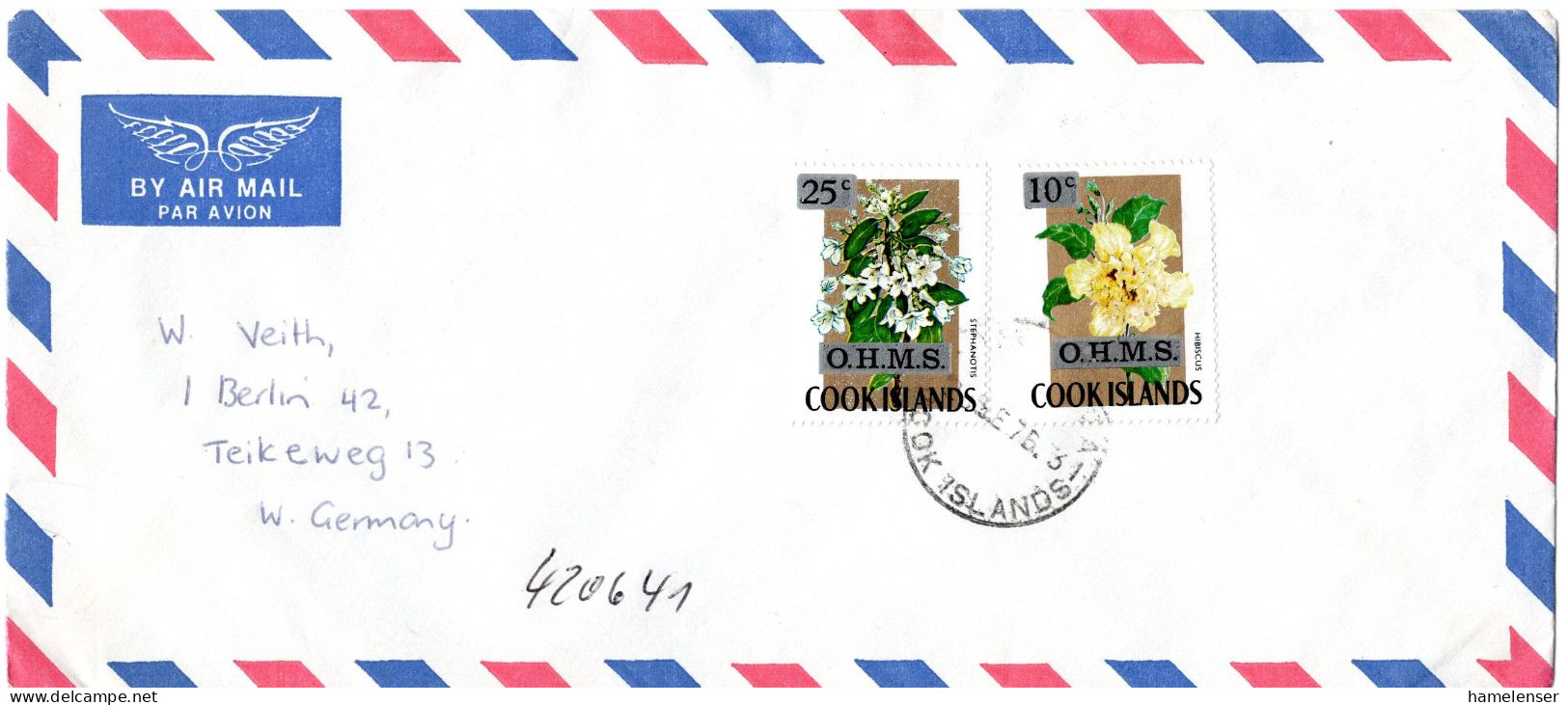 L73650 - Cook-Inseln / Dienst - 1976 - 25c Blumen MiF A LpBf AVARUA -> Westberlin - Cook Islands