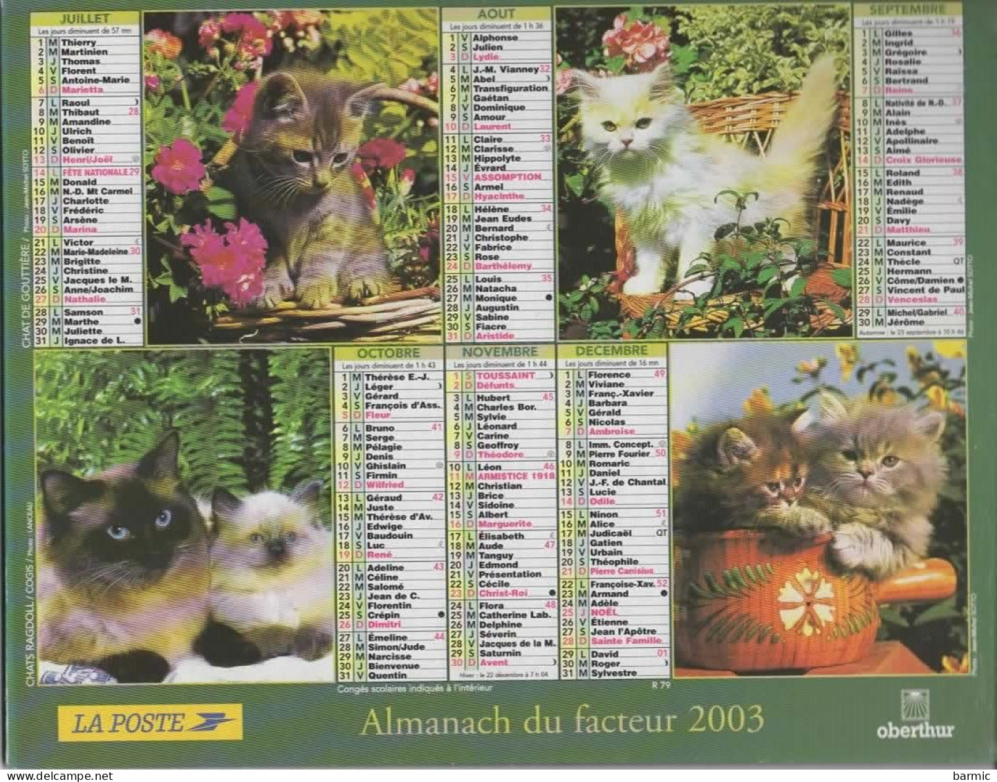 CALENDRIER ANNEE 2003, COMPLET, MULTIVUE, CHIOTS CHATONS COULEUR  REF 13862 - Tamaño Grande : 2001-...