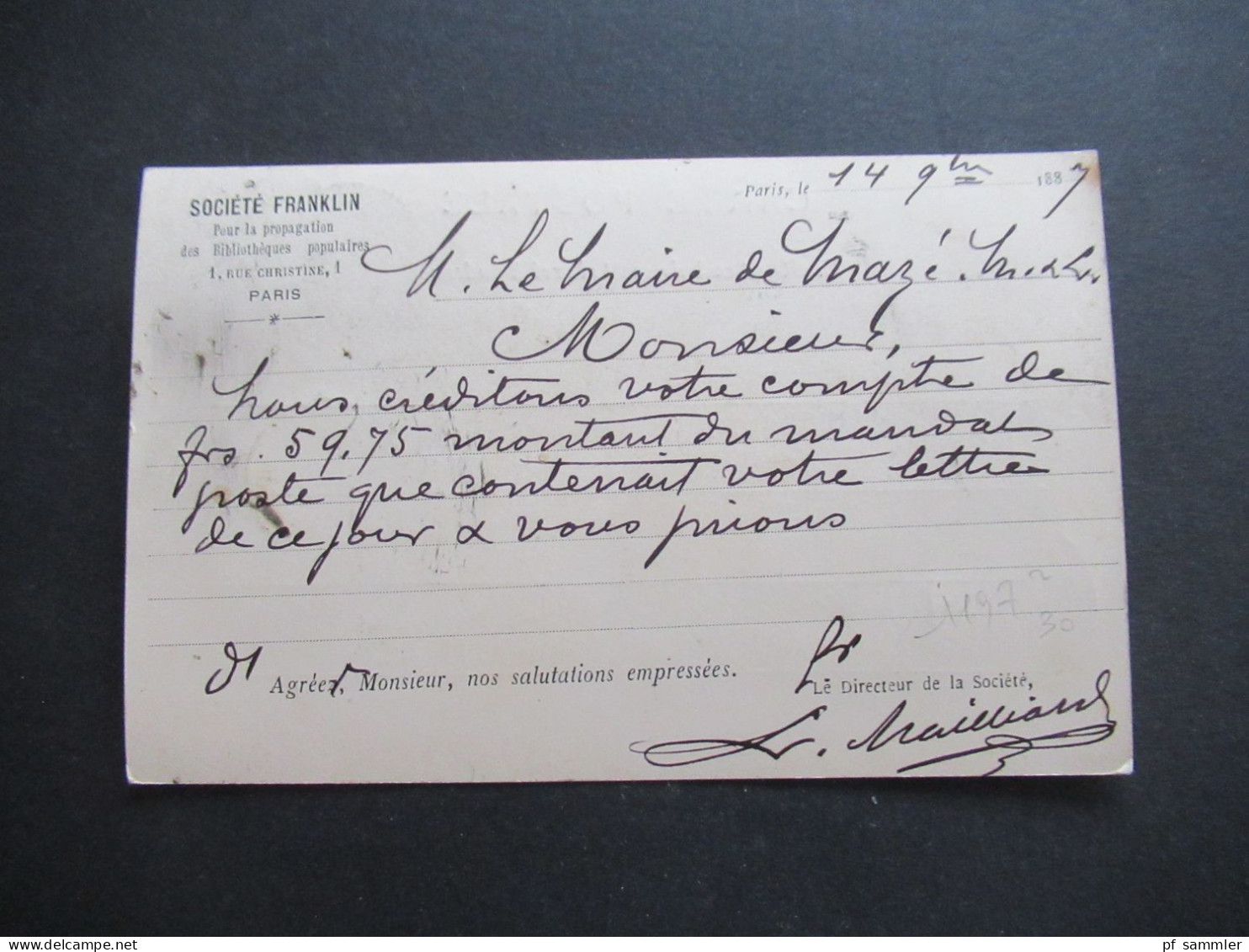 1887 Sage MeF / Gedruckte PK Societe Franklin Pour La Propagation Des Bibliotheques Populaires 1 Rue Christin1 Paris - 1877-1920: Periodo Semi Moderno