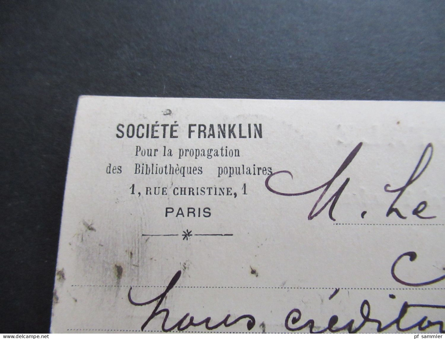 1887 Sage MeF / Gedruckte PK Societe Franklin Pour La Propagation Des Bibliotheques Populaires 1 Rue Christin1 Paris - 1877-1920: Periodo Semi Moderno