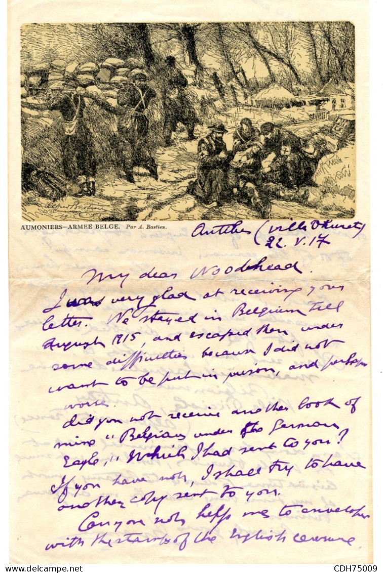 BELGIQUE - GUERRE 1914/1918 - ENVELOPPE D'ANTIBES CONTENANT UNE LETTRE AVEC GRAVURE AUMONIERS ARMEE BELGE - Armée Belge