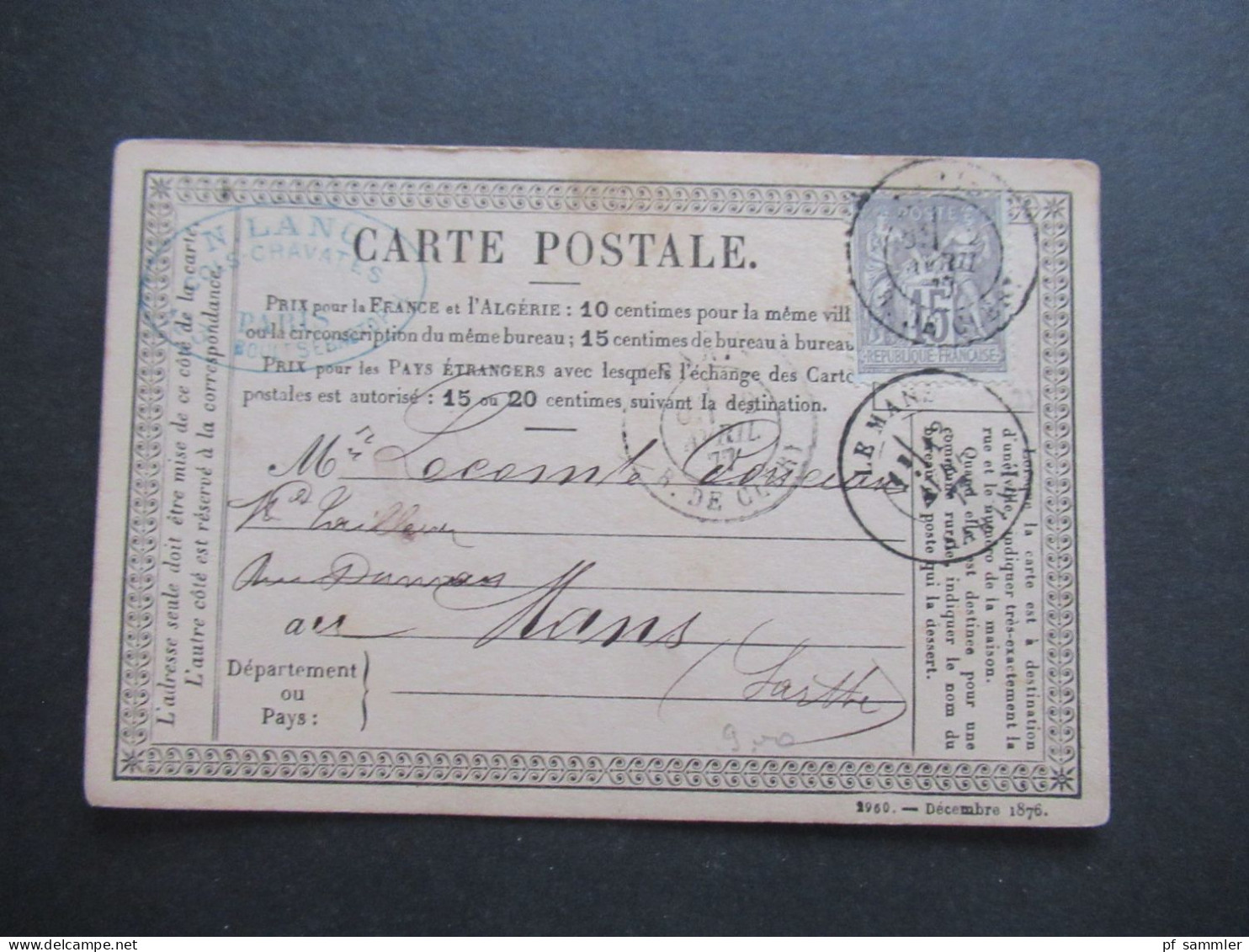 1877 Sage Carte Postale Absender Stempel N. Lang Cols Cravates Paris - Le Mans - 1877-1920: Periodo Semi Moderno