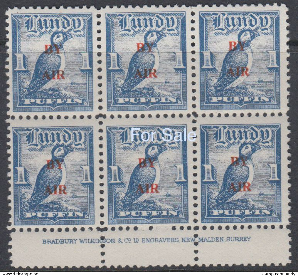 #12 Great Britain Lundy Island Puffin Stamp 1951-53 By Air Red Overprint Imprint Block 6 #70B Price Slashed! - Emissione Locali