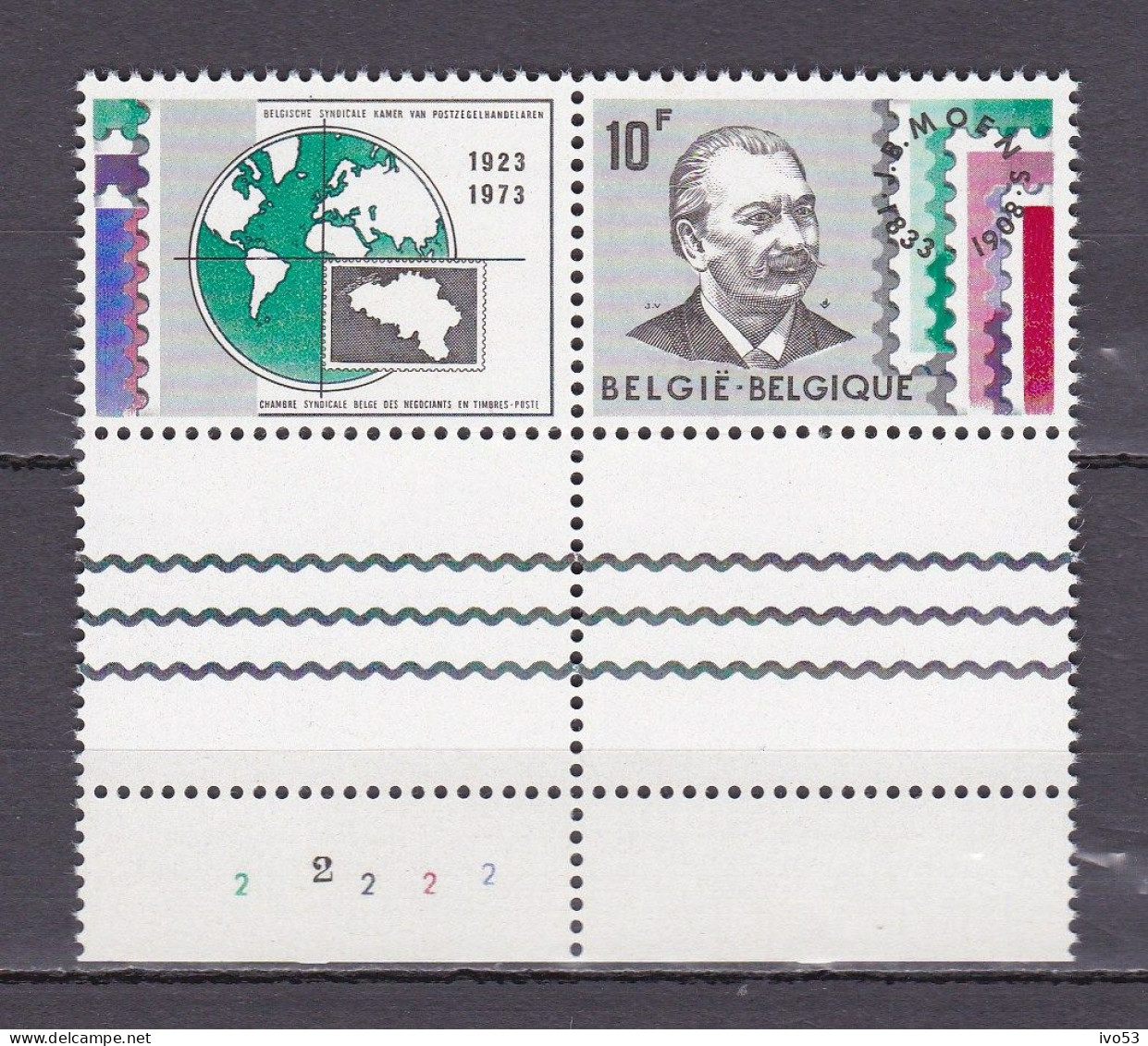 1973 Nr 1687** Plaatnummer 2,Tweeluik Filatelist J.B.Moens. - 1971-1980