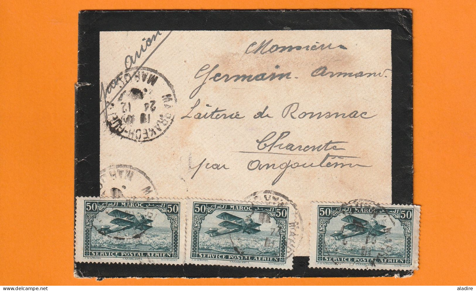 1930 - Enveloppe PAR AVION De Marrakech Vers Ronsenac, Charente (cad Tirets) - Via Casa &Angoulême - 3 X 50 C P Aérienne - Poste Aérienne