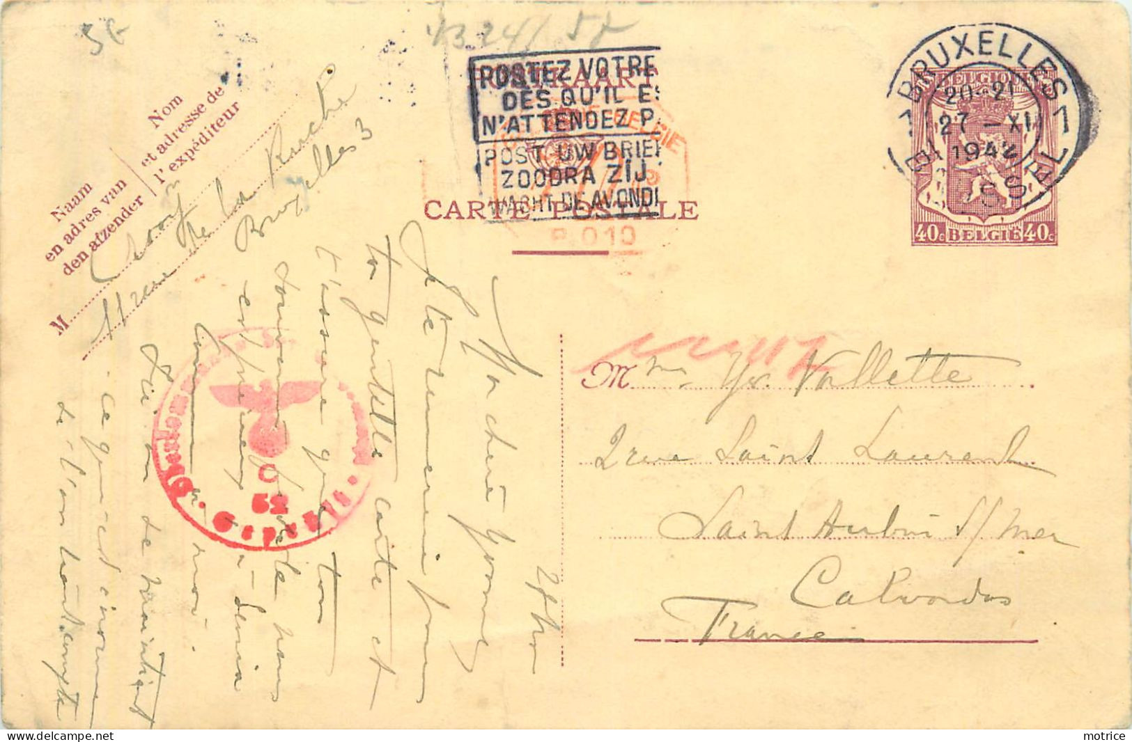 BELGIQUE Entier Postal, Cachet Occupation Allemande 1942. - Postkarten 1934-1951