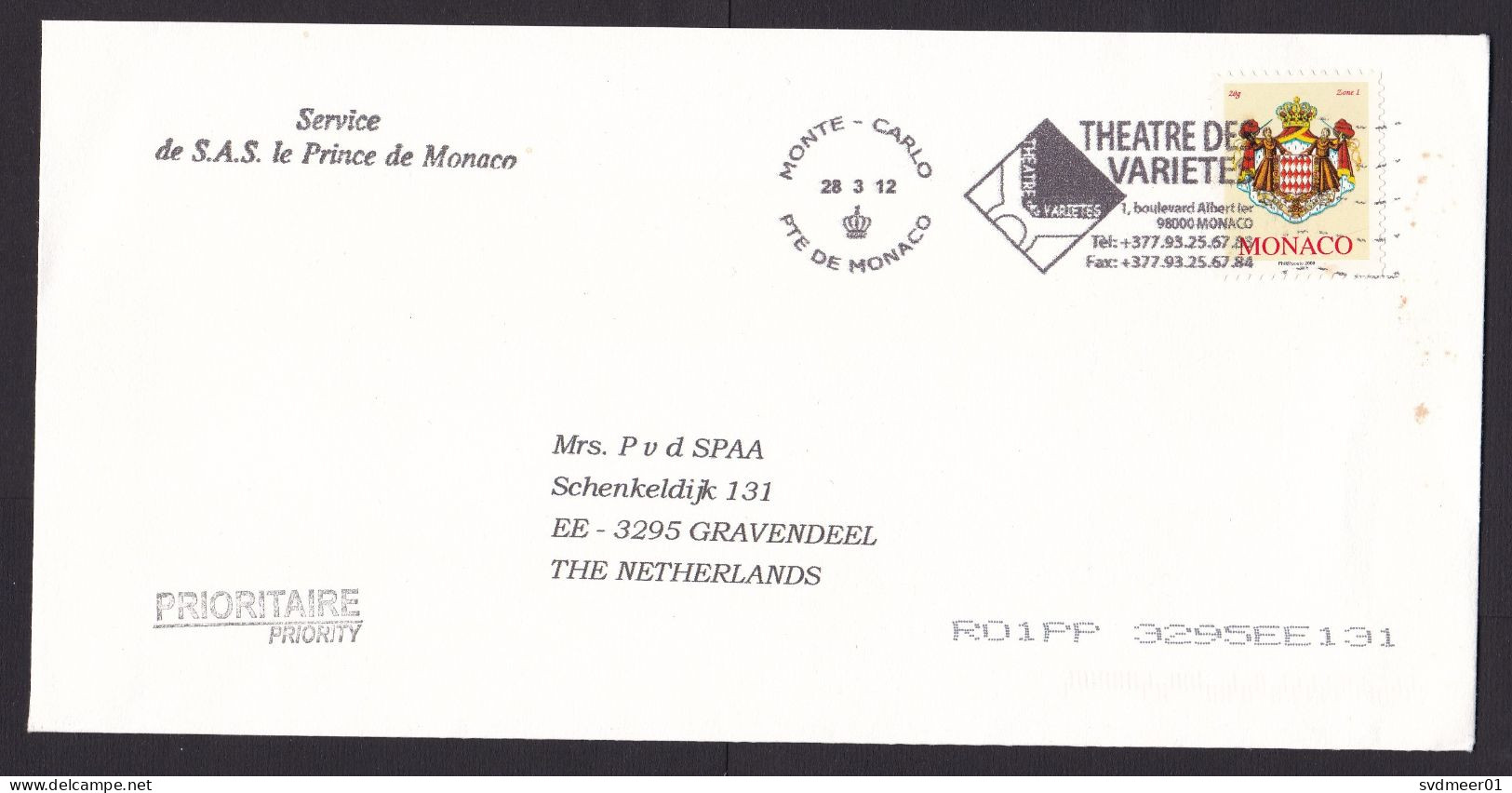 Monaco: Cover To Netherlands, 2012, 1 Stamp, Heraldry, Sent By Office Of Prince, Royalty, Cancel Theatre (small Stains) - Cartas & Documentos