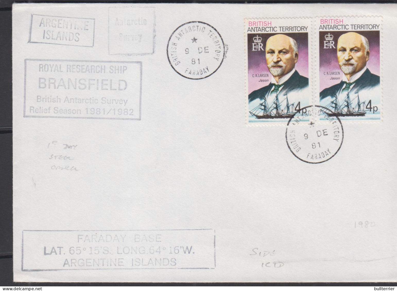 BRITISH ANTRACTIC TERRITORY - 1981 - BRANSFIELD SURVEY COVER FARADAY POSTMARK  ARGENTINE ISLANDS CACHET  - Storia Postale