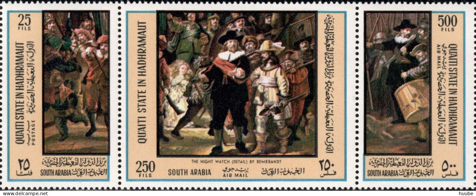 Qu'aiti State In Hadhramaut, 1967, Mi 165-168, Paintings By Rembrandt, The Night Watch, Strip Of 3+block 20A, MNH - Rembrandt