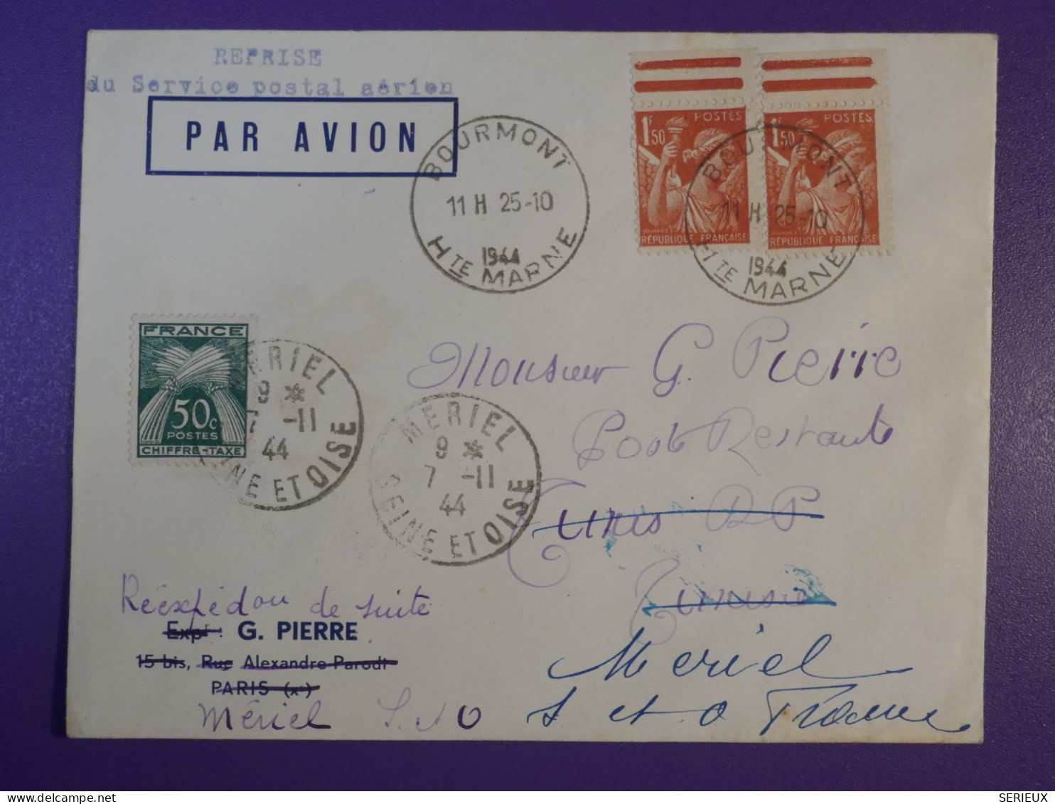 DG5   FRANCE   BELLE LETTRE 1944 BOURMONT A TUNIS REDISTRIB. MERIEL    +TAXE +AEROPHILATELIE +AFF. INTERESSANT+++ - 1927-1959 Storia Postale